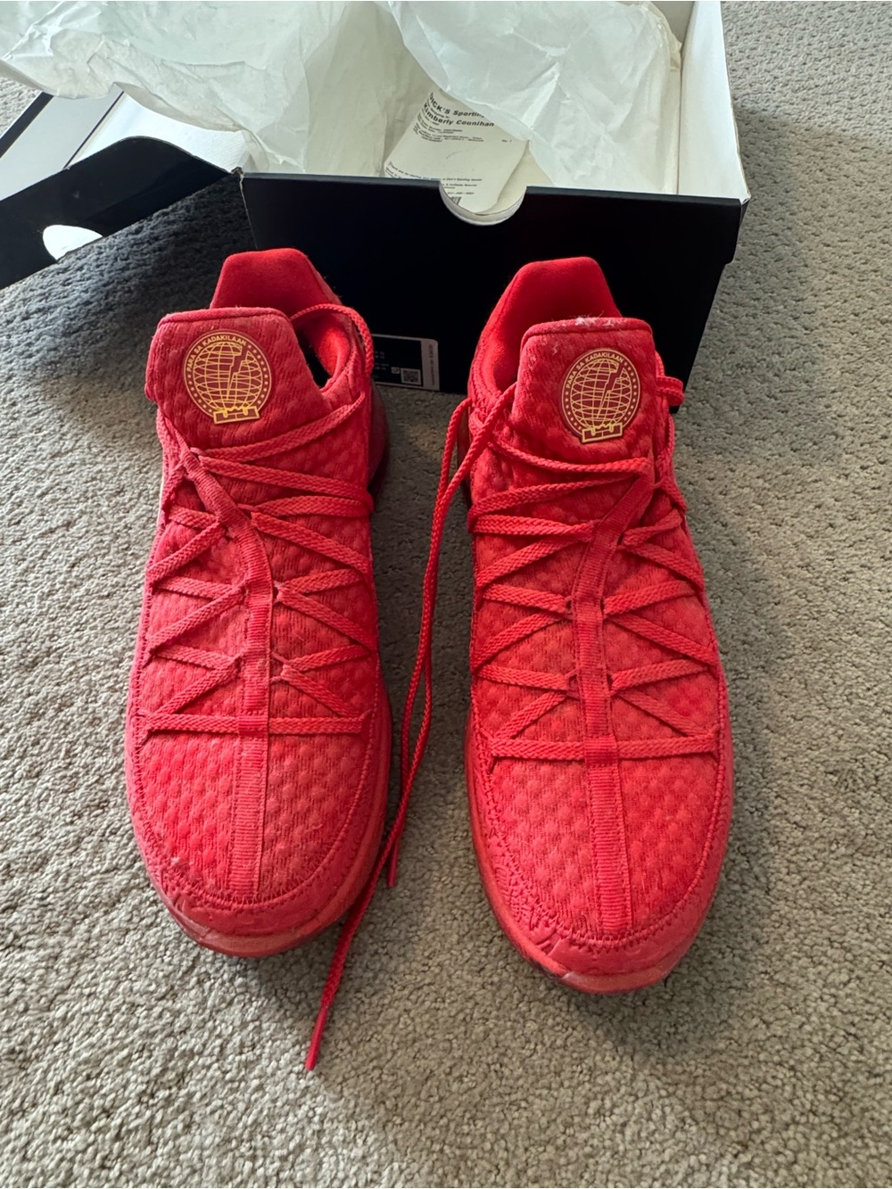 Nike Mens Lebron Basketball Red Sneakers with Gold Globe Logo